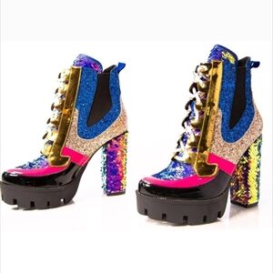 Cape Robbin Glitter Sequin Mermaid Bling Laced Chunky Platform Boots Heels 7 NIB